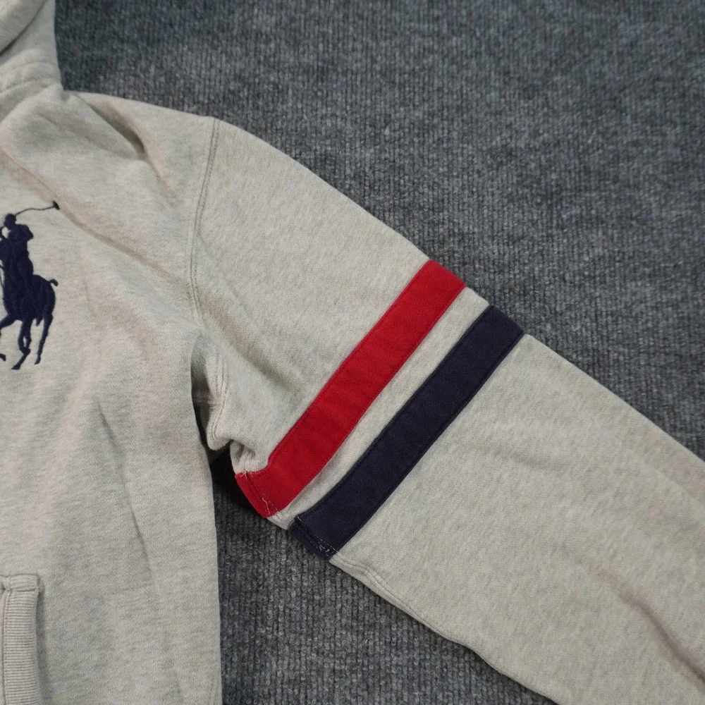 Polo Ralph Lauren Hoodie Mens Large Gray Big Pony Full Zip Sleeve Stripes Logo